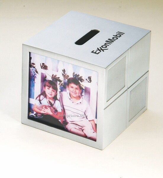 Pewter Finish Cube Coin Bank W/ Photo Frame