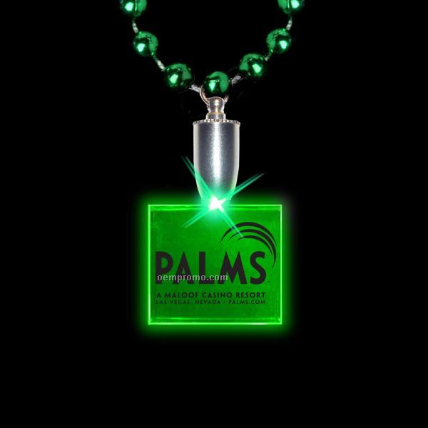 Flashing Illuminated Square Charm W/ Mardi Gras Beads - Green