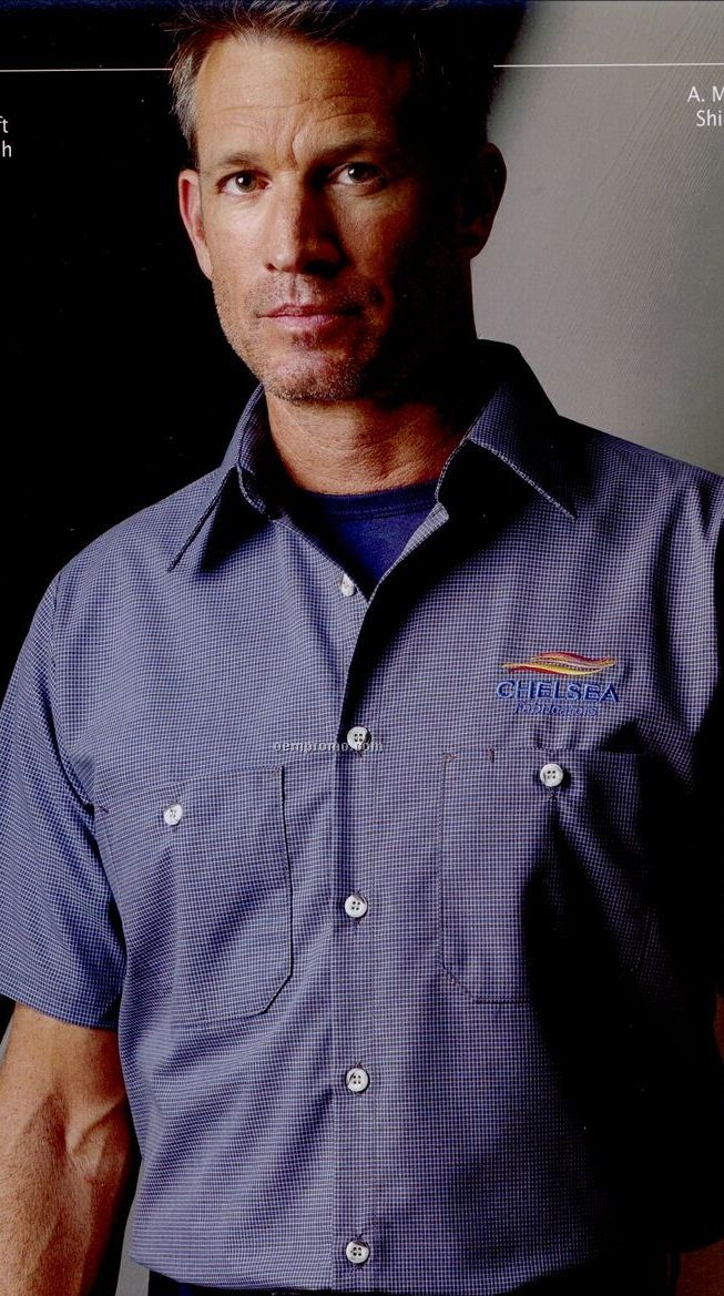 Blue / Charcoal Men's Long Sleeve Micro-check Work Shirt