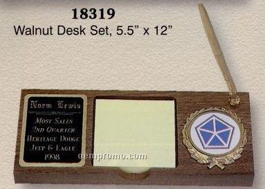 Walnut Desk Set W/ Note Pad, Pen & Logo