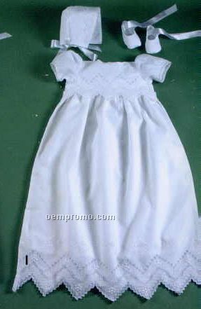 Handmade Linen Christening Dress And Bonnet W/Mosaic Appenzelle & Booties