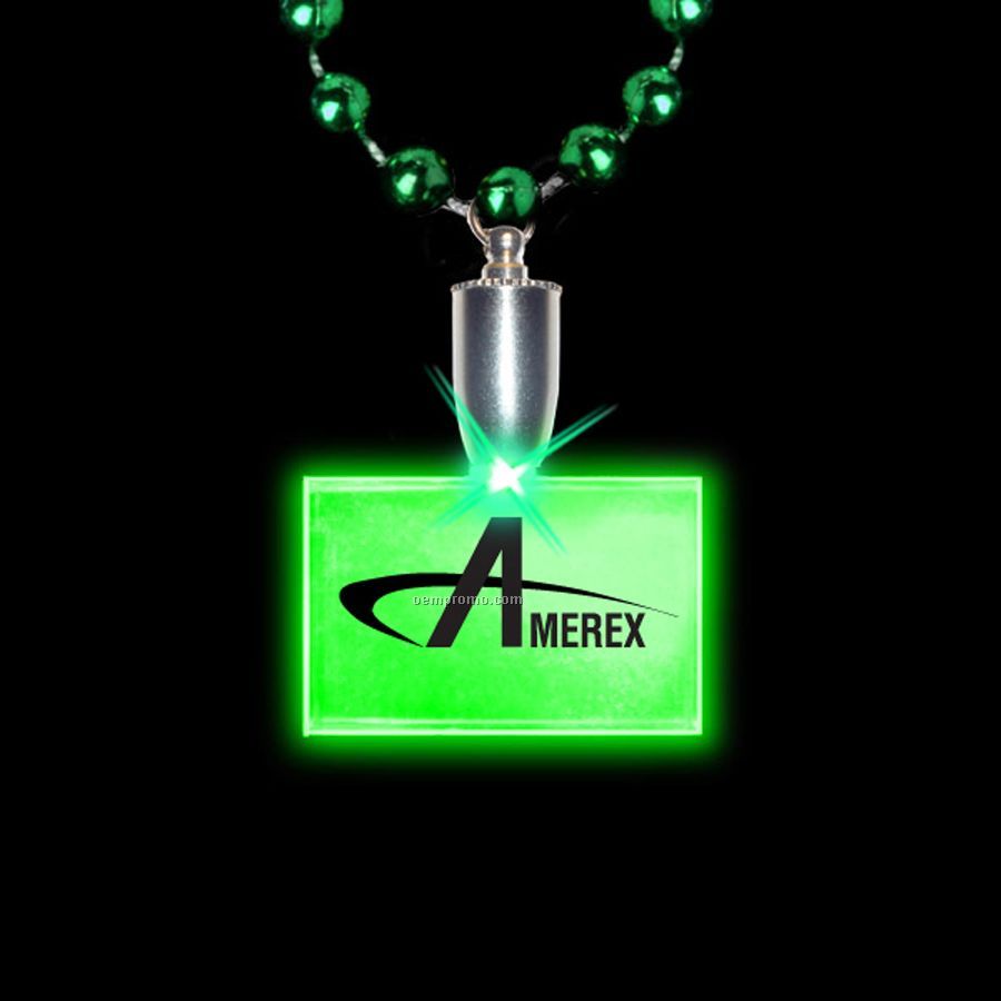 Flashing Illuminated Rectangle Charm W/ Mardi Gras Beads - Green