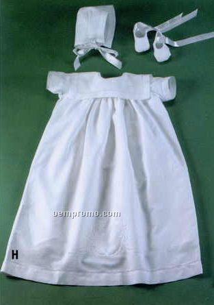 Handmade Linen Christening Dress And Bonnet With Madeira Crest & Booties