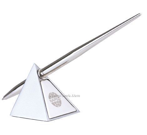 Pyramid 2-tone Silver Pen Stand With Pen