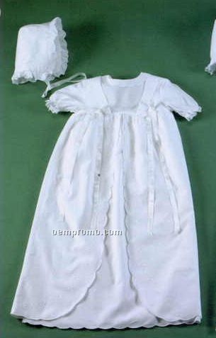 Eyelet Embrodered Cotton Christening Dress And Bonnet With Scallop Edge