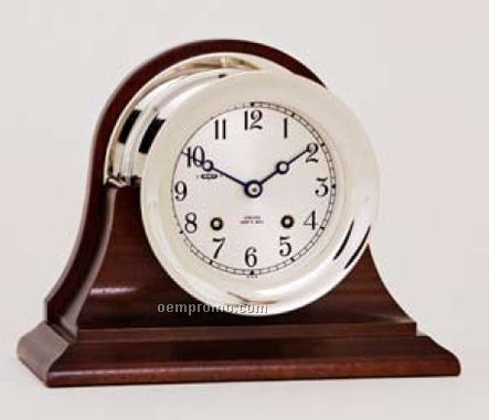 Nickel 4 1/2" Ship's Bell Clock W/ Hinge Bezel On Bookends W/ Barometer
