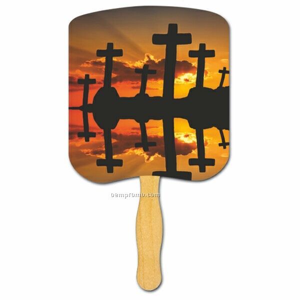 Religious Hand Fan/ Crosses At Sunset