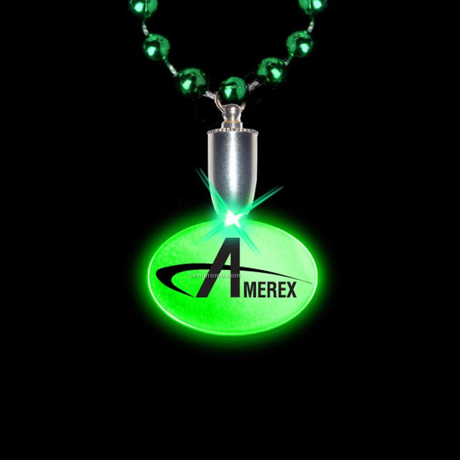 Flashing Illuminated Oval Charm W/ Mardi Gras Beads - Green