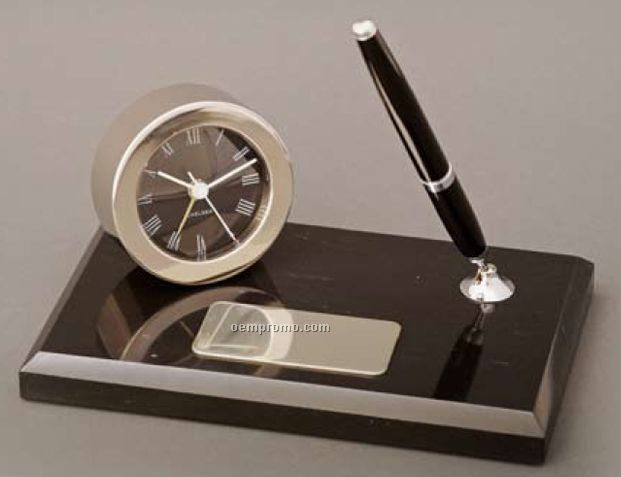 Round Desk Clock Set In Nickel W/ Pen On Black Marble Base