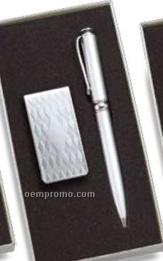 Silver Diamond Pattern Design Money Clip & Pen Set