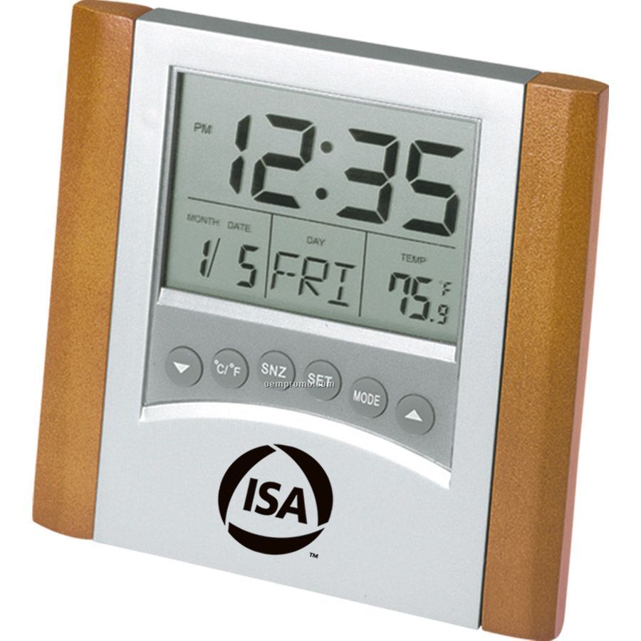 Wood Digital Calendar Alarm Clock With Thermometer
