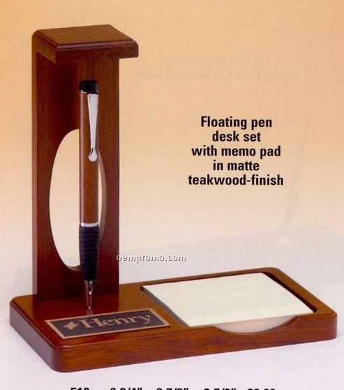 Floating Pen Teakwood Finish Desk Set W/ Memo Pad Holder
