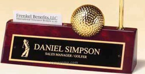 Golf Ball Clock On Rosewood Finish Nameplate W/ Business Card/ Pen Holder