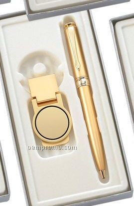 Gold Ballpoint Pen With Money Clip Gift Set