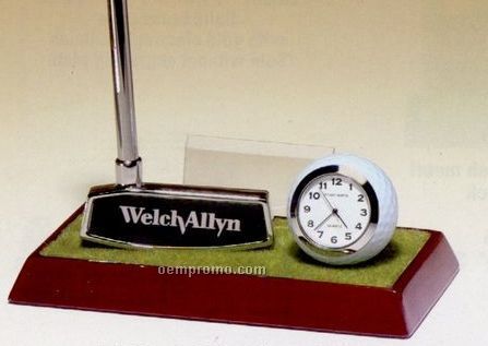 Golf Clock & Pen Desk Set On High Gloss Rosewood Finish Base