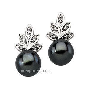 14kw Cultured Black Pearl And Diamond Earring