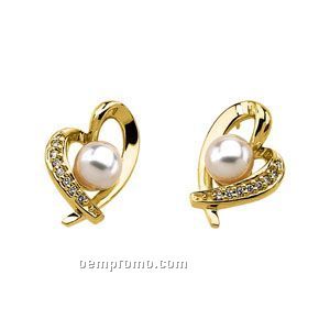 14ky Akoya Cultured Pearl And Diamond Heart Earrings