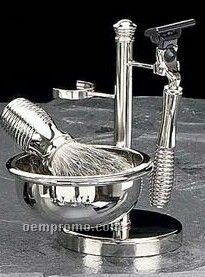 Mach 3 Razor, Badger Brush & Soap Dish On Chrome Plated Stand