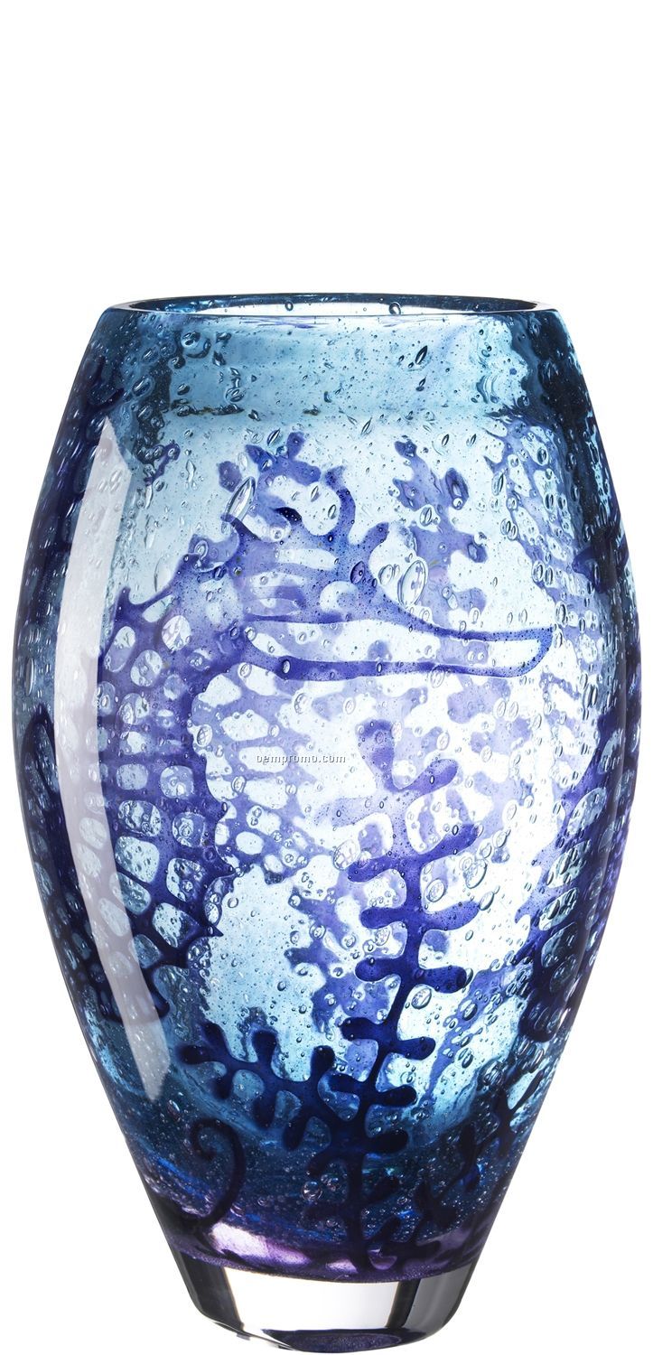 Underworld Blue Glass Vase W/ Seahorse Motif By Olle Brozen