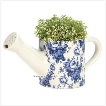 Blue Floral Watering Can Planter