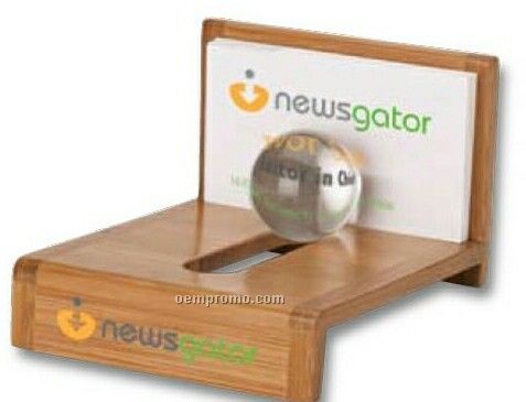 Bamboo Desktop Business Card Holder W/ Glass Ball Weight