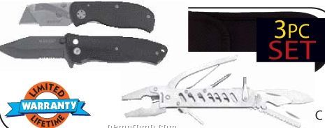 Maxam 3 PC Razor Folding Knife, Button Lock Knife And 14-function Tool Set