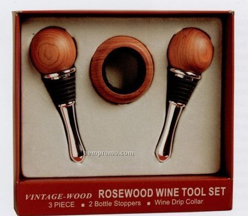 Vintage Wood 2 Bottle Stoppers And Drip Collar 3 Piece Set