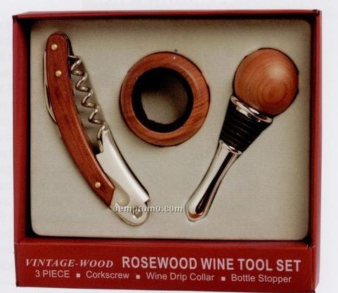 Rosewood Vintage Wood Corkscrew/ Drip Collar/ Bottle Stopper 3 Piece Set