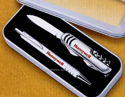 Gift Set With Ballpoint Pen, Utility Knife, Corkscrew And Opener