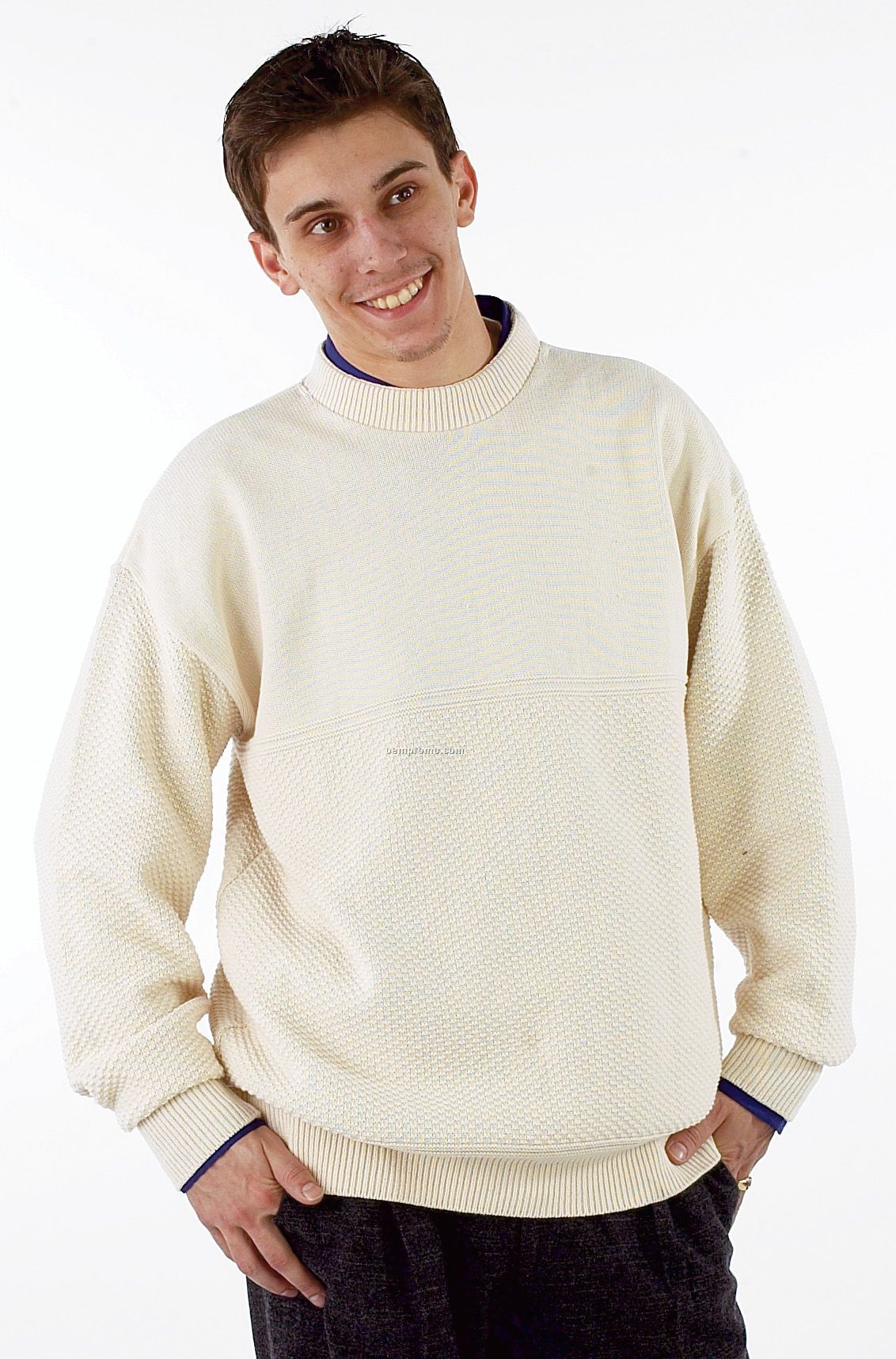 100% Cotton, Jersey/Seed Stitch Knit Combination. Crew Neck Pullover: Men/U