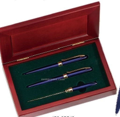 Victory Blue Ballpoint/Roller Ball/Letter Opener In Rosewood Box (Laser)