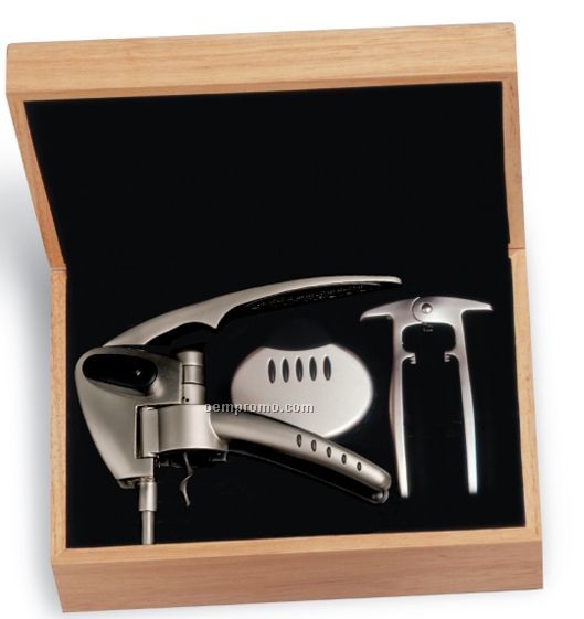 Deluxe Swift Set In Natural Wood Box W/ Champagne Opener & Corkscrew