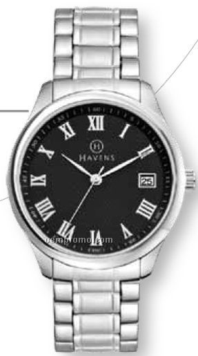 Men's Bracelet Style Watch/ 36 Mm Metal Case W/ Black Face & Date Display