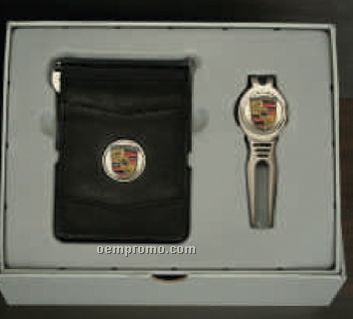 Custom Gift Set With Golf Cool Tool & Designer Leather Swing Bar Money Clip