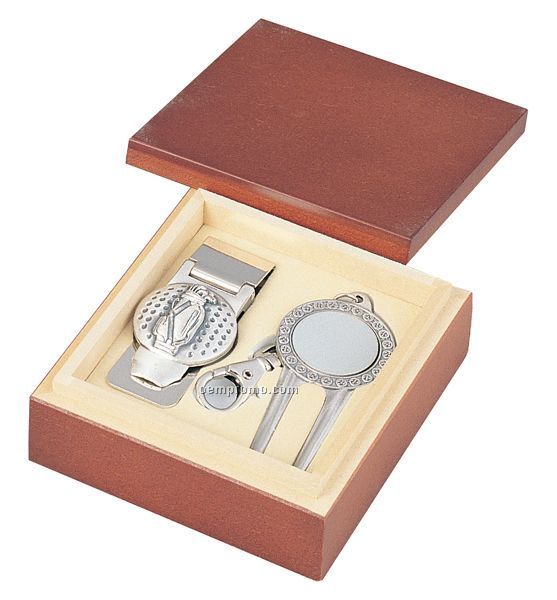 Money Clip And Divot Ball Marker Key Chain Set In Wood Box