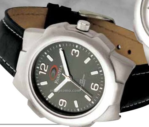 Unisex Matte Silver Sport Watch W/ Gray Dial & Genuine Black Leather Strap