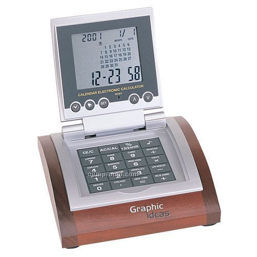 World Time Clock With Alarm / Calculator / Calendar / Wooden Base