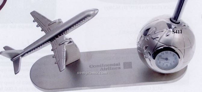 4-3/4"X2-1/4"X3" Metal Airplane Pen Holder W/ Globe Clock