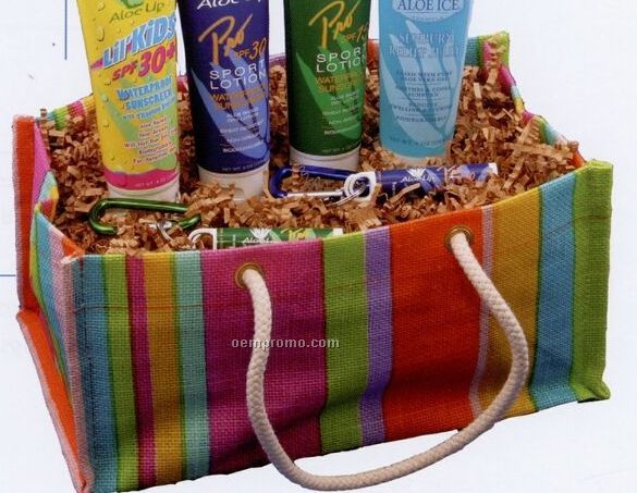 Jute Collapsible Striped Basket W/ Carabiner & Sun Essential Products