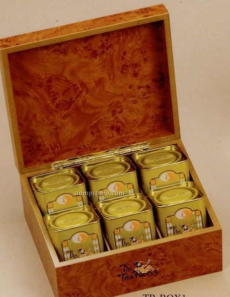 6 Metal Tins Of Organic Tea In Wooden Gift Box (10-3/8"X8-1/2"X5")