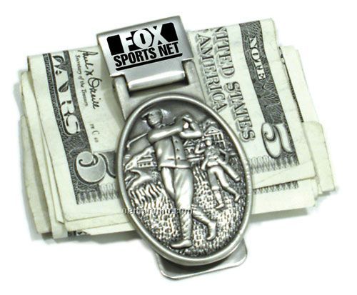 Golf Pewter Money Clip With Vintage Scene