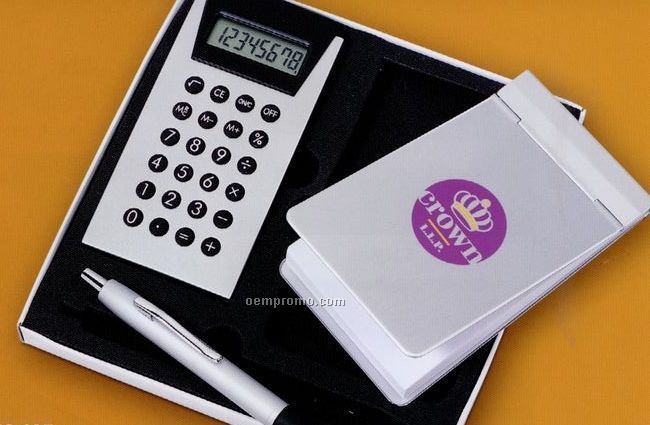 Gift Set With Ballpoint Pen, Calculator & Aluminum Cover Pad