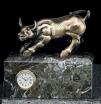 Antique Brass Bull On Green Marble