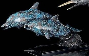 Blue Patina Finished Metal Flying Dolphins Sculpture W/ Wood Base