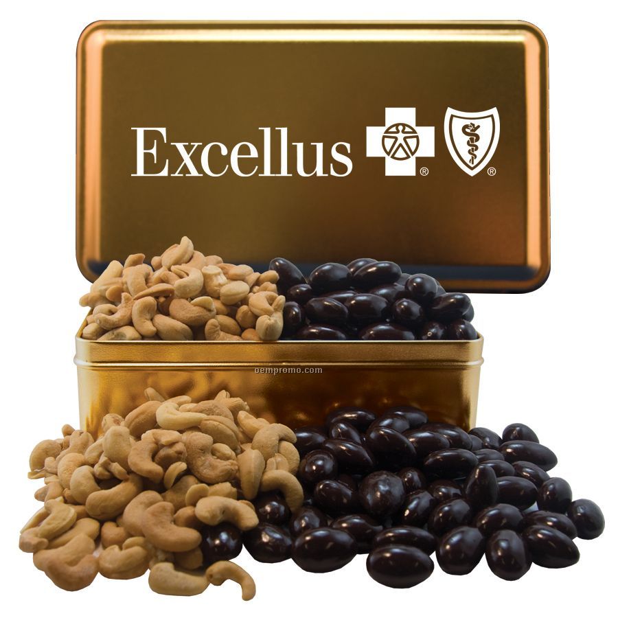 Large Gold Rectangle Tin With Chocolate Covered Almonds & Cashews