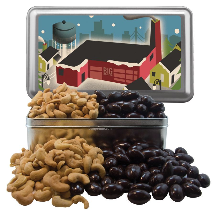 Large Silver Rectangle Tin With Chocolate Covered Almonds & Cashews