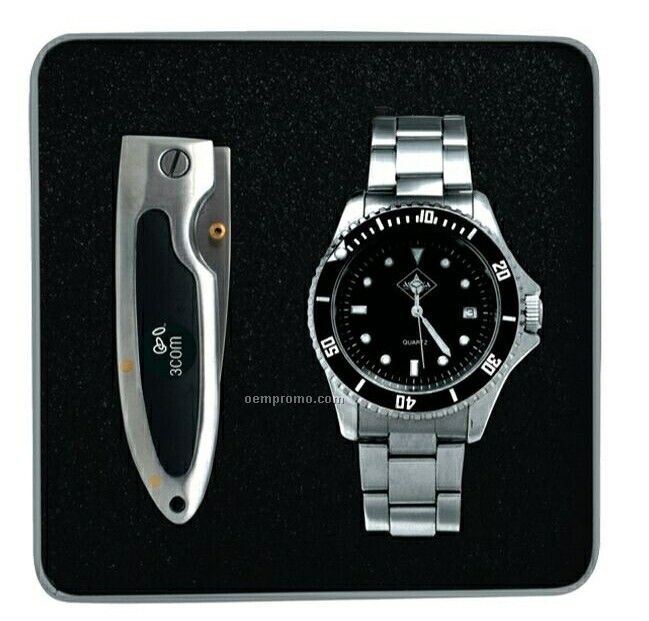 The Out Doors Man Stainless Steel Watch & Pocket Knife Gift Set