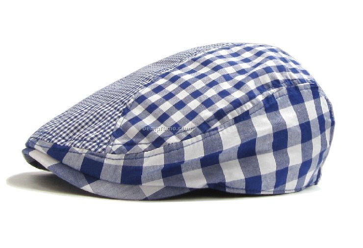 Blue check stripped beret