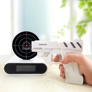 Novelty Gadget Funny LCD Gun Alarm Clock,Lazy guy gun shooting alarm clock laser